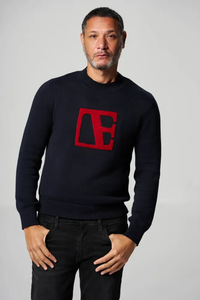 a man is wearing Navy Blue-Red Label Sweater