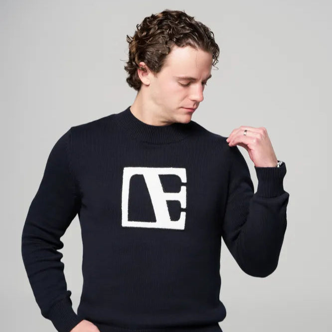 a man is wearing Navy Blue-Executive Label Sweater standing in side pose