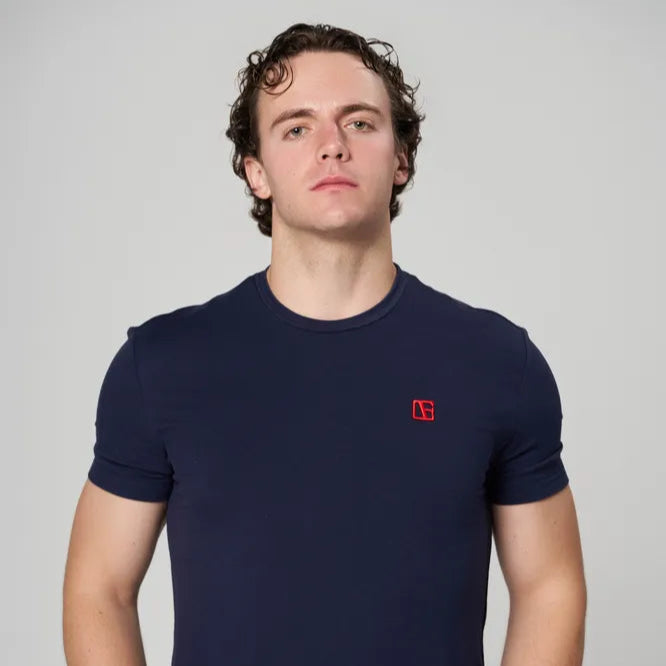 a man is wearing Navy Blue-Red Label T-Shirt