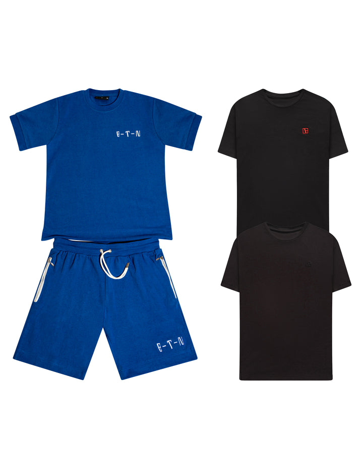 Blue athletic outfit with shorts and t-shirt, and two black t-shirts on a white background